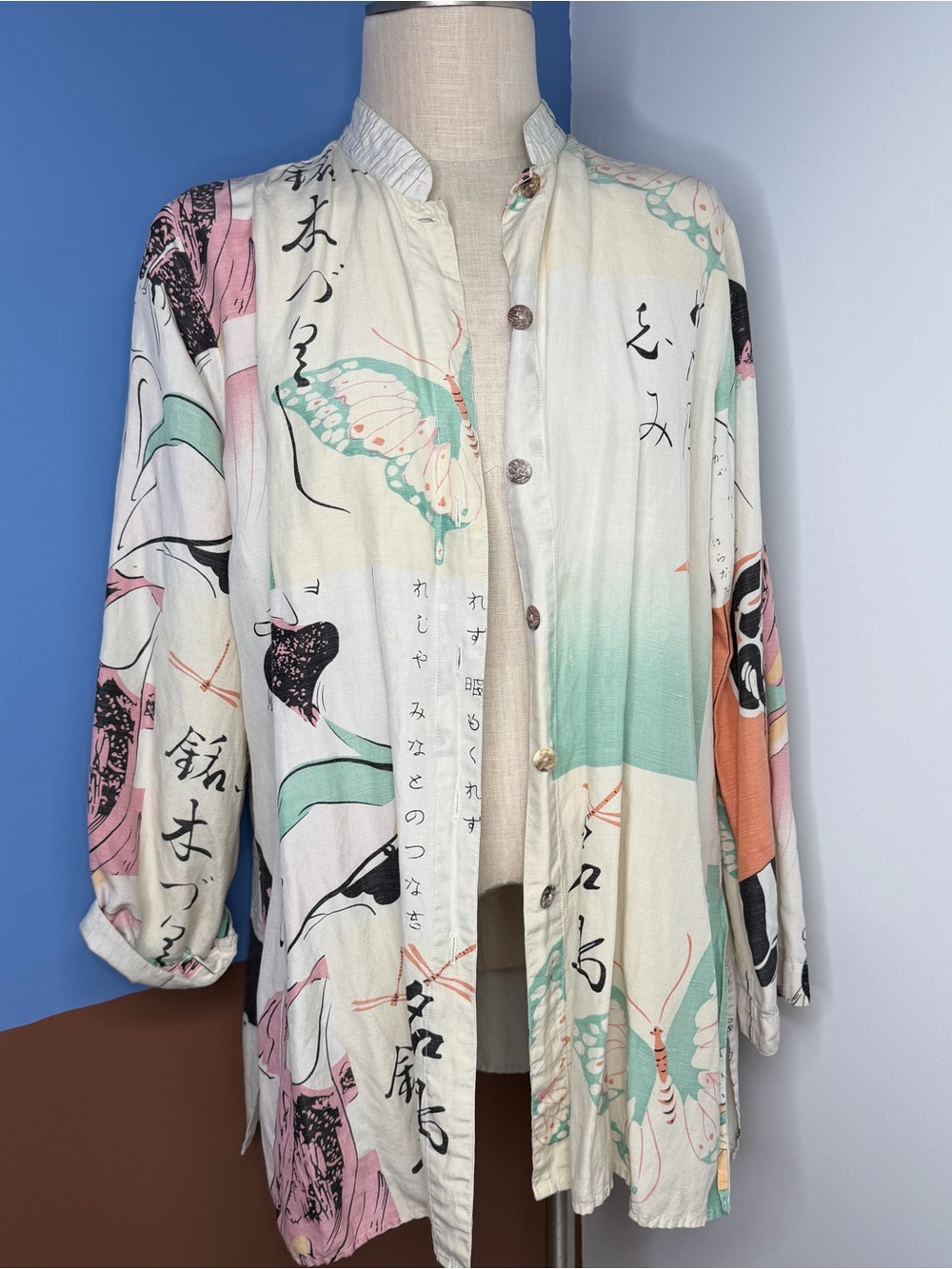 Vintage Citron Santa Monica Butterfly Print Button-Front Shirt Jacket Silk Linen
